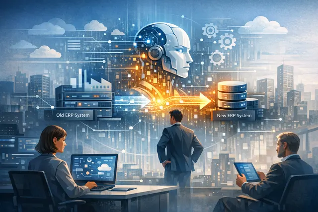 Abstract graphic visualizing enterprise SAP migration automation with connected nodes and data flows.