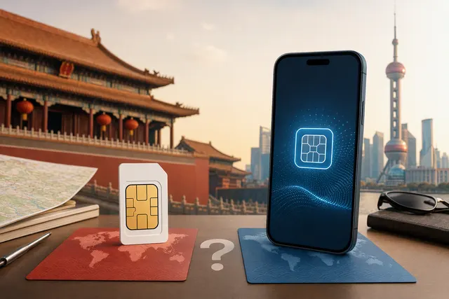 Illustration for a comparison of local Chinese SIM cards and international travel eSIMs.