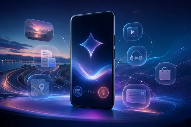 Illustration of Gemini Live on Android with voice conversation and connected apps
