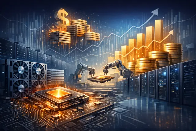 Illustration of a high-tech data center featuring a stream of glowing data cubes labeled with AI compute symbols, representing the neocloud's focus on air-cooled, specialized infer