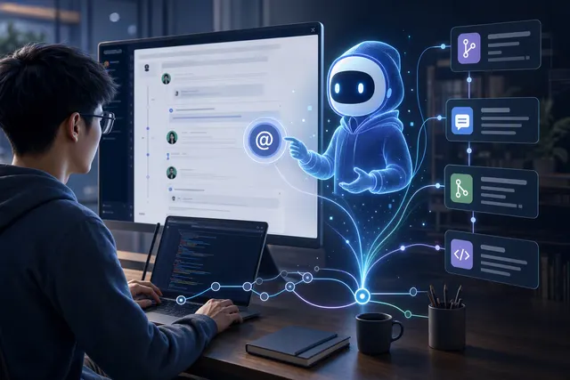 Editorial illustration of an AI agent collaborating in a Git-based software development workflow