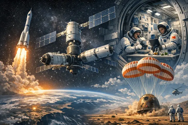 Illustration of China's Shenzhou spacecraft docked with the Tiangong space station above Earth, with space debris nearby, representing the Shenzhou-21 crew's 210-day mission and em