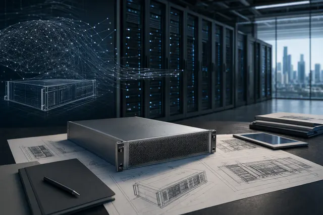 Illustration of an Apple AI server concept with multi-chip computing hardware and data-center networking