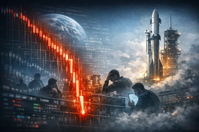 A digital illustration of a crashing rocket representing the SpaceX perpetual contract price collapse, with a red downward arrow and broken data lines.