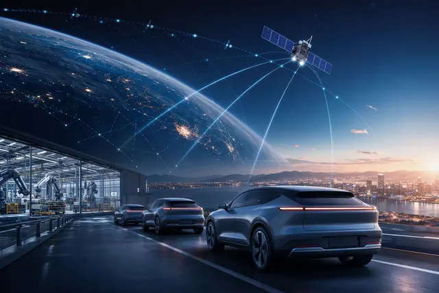 Illustration of a connected vehicle communicating with low-Earth-orbit satellites