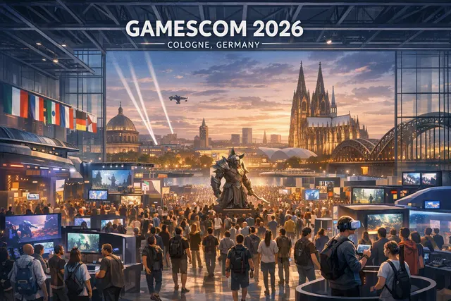Editorial illustration of Gamescom 2026 in Cologne featuring video game showcases, a crowded convention floor and international gaming industry themes