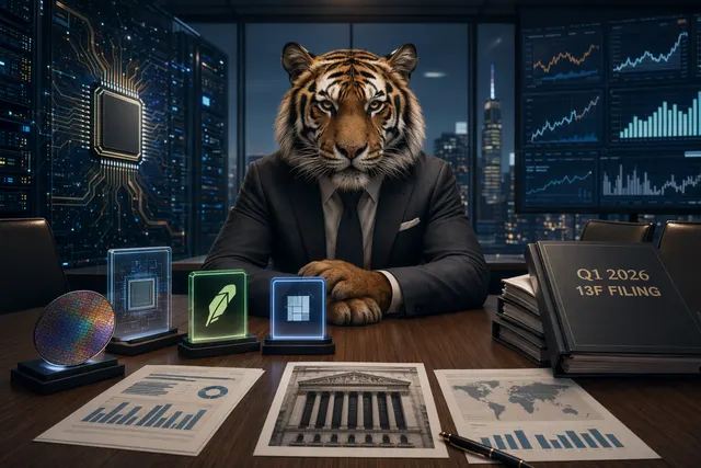 Editorial illustration representing Tiger Global’s investments in Intel and Robinhood during the Q1 2026 filing