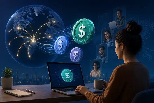 Concept illustration of global payroll platform sending stablecoin salaries to crypto wallets