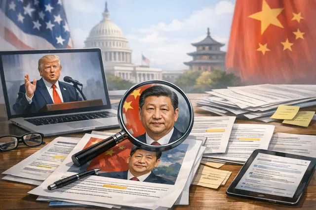 AI-generated visual of a news desk with headlines about Trump, Xi Jinping, and Vladimir Putin, symbolizing geopolitical fact-checking.