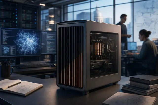 Editorial illustration of AMD Threadripper Halo Station, a liquid-cooled local AI workstation