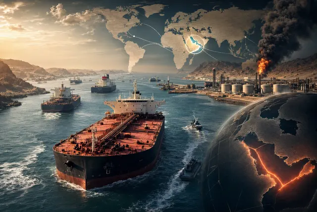 Editorial illustration of Middle East oil shipping disruption and tanker routes