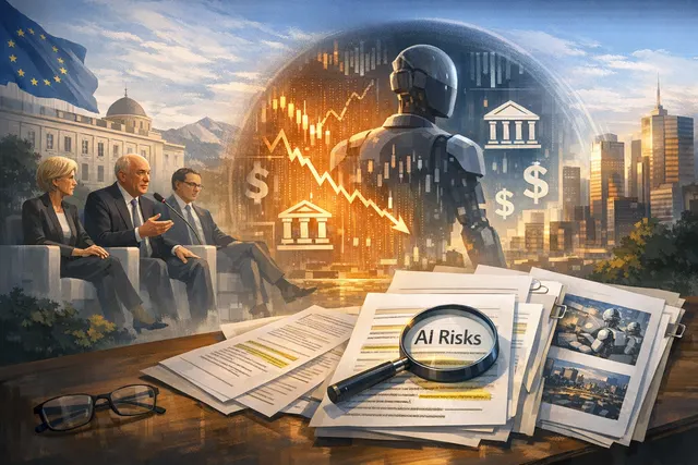 Conceptual illustration of autonomous AI agents affecting financial markets with circuit board patterns and stock market charts.