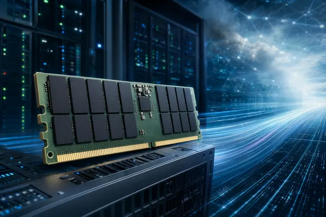 High-density DDR5 memory modules glowing inside an AI data center server rack