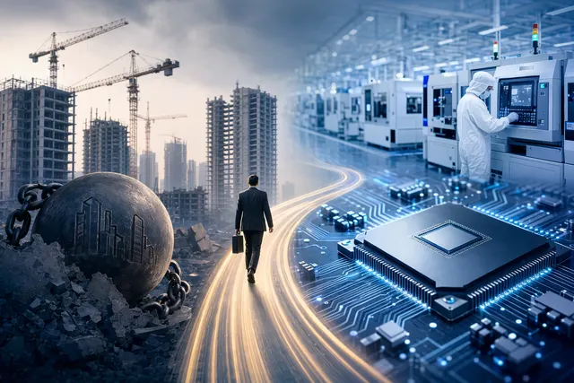 Concept illustration of Chinese real estate developers shifting toward semiconductor chip manufacturing