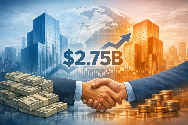 Editorial illustration of the Nuvei Payoneer acquisition deal, showing interconnected payment networks and global commerce nodes.