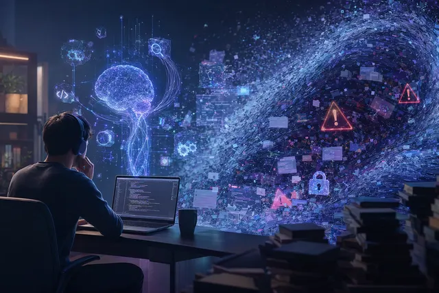 Illustration representing AI vibe coding producing large volumes of software code