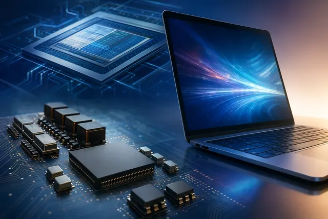 Illustration of laptop power management chips representing AOS AOZ71049QI multiphase controller technology for Intel laptops