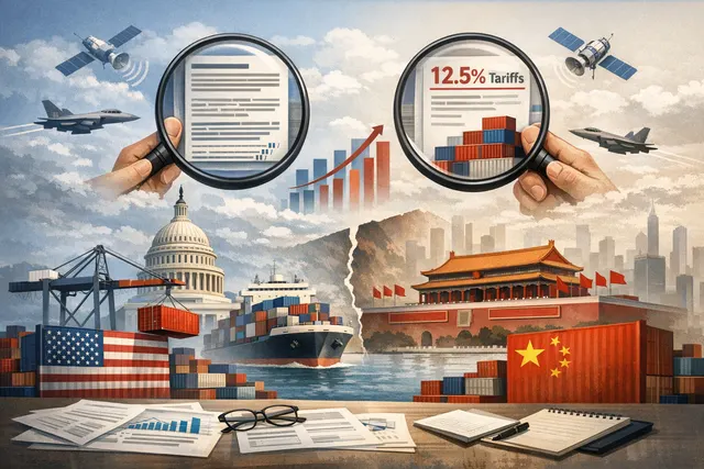 A conceptual image representing U.S.-China diplomatic relations with flags and abstract trade and law enforcement symbols.
