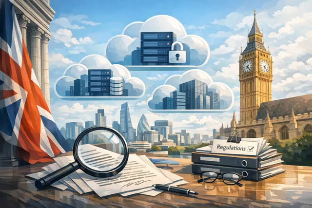 Illustration representing UK financial regulation oversight of major cloud service providers including Microsoft, Google, Amazon, and Oracle