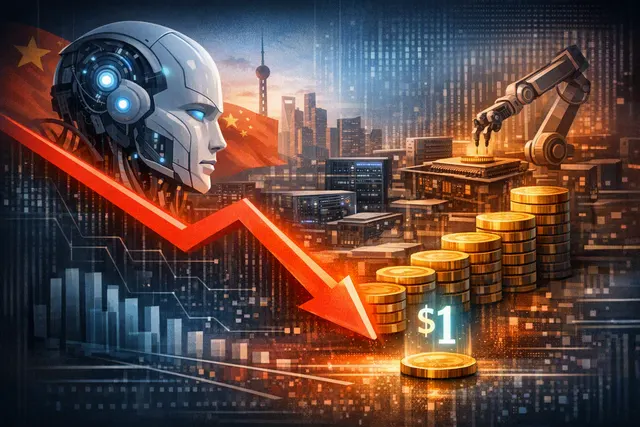Editorial illustration of AI model servers, falling token prices, and competing inference providers
