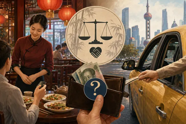 Illustration about tipping etiquette at a restaurant and in a taxi in mainland China