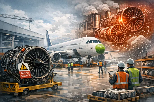 Airbus A320neo production line with incomplete aircraft awaiting Pratt & Whitney engines, illustrating the supply chain crisis