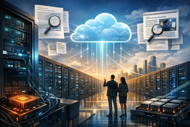 Digital illustration representing Meta Platforms' cloud infrastructure plan, showing data center server racks, GPU clusters, and cloud computing network connections