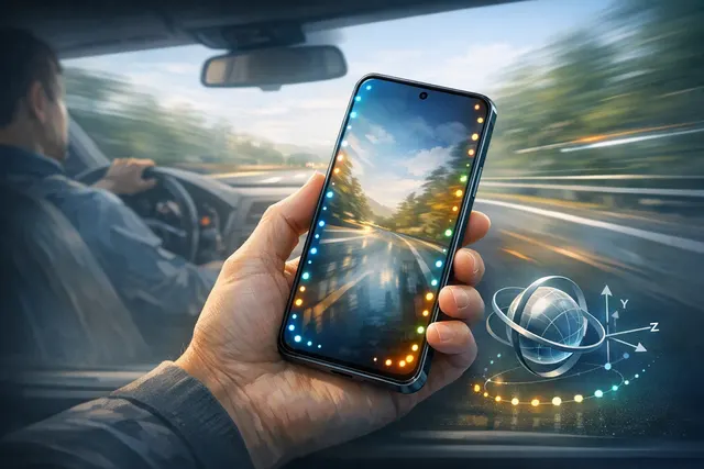 Android phone showing animated motion cues around the screen edges while a passenger travels in a vehicle