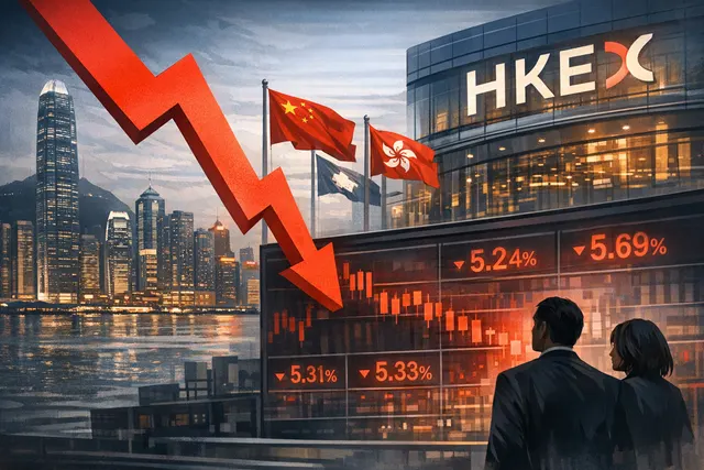 Chinese stock market trading floor with Hong Kong exchange screens showing Alibaba and WuXi AppTec stock movements after Pentagon blacklisting on June 9, 2026