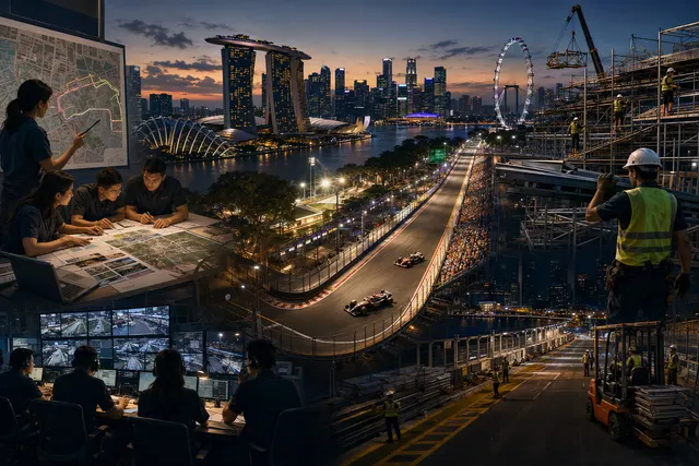 AI-generated illustration representing the temporary Singapore Grand Prix circuit at Marina Bay