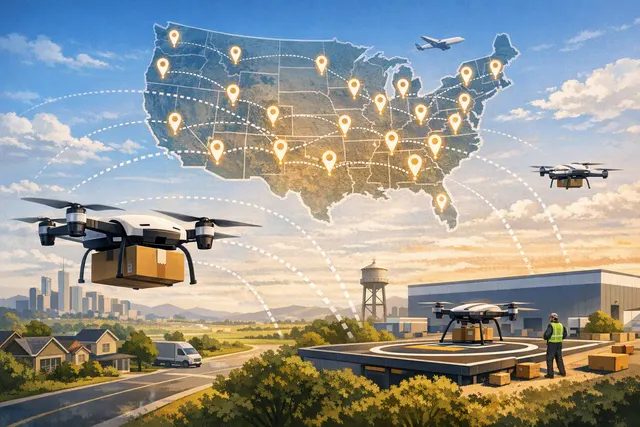 Amazon Prime Air delivery drone flying over a suburban neighborhood with a package