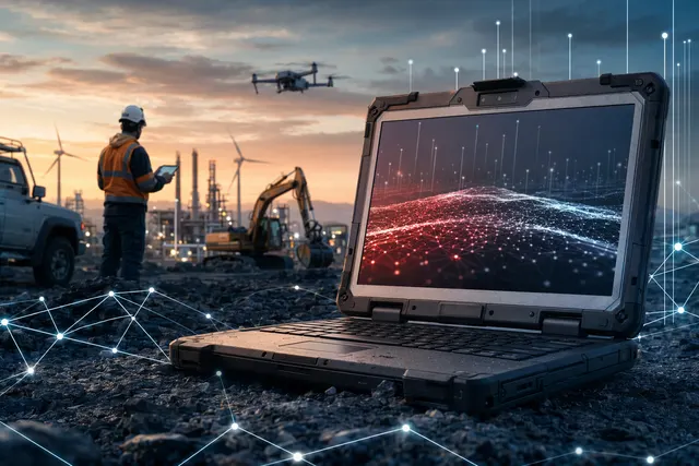 AI-generated illustration of Panasonic TOUGHBOOK rugged devices running Red Hat Device Edge in an industrial edge computing environment