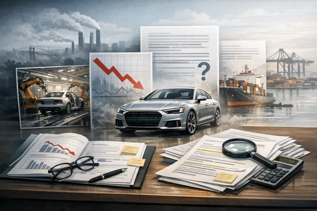 Audi car at a dealership with a downward trend chart overlay representing declining revenue and margin guidance