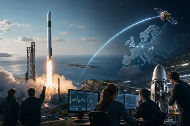 Illustration of Isar Aerospace’s Spectrum rocket launching from Andøya Spaceport in Norway