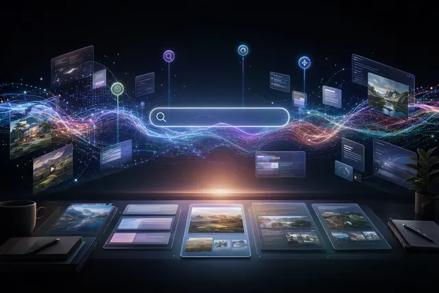 Concept illustration of Google Search evolving into an AI agent system with generative interfaces and background information agents
