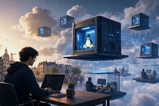 Editorial illustration of persistent cloud virtual machines for AI coding agents