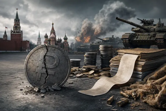 Editorial illustration of Russia’s budget deficit and rising war-related spending