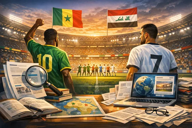 Two football players in Senegal and Iraq kits compete for the ball on a bright green pitch, representing the winner-take-all Group I match at the 2026 FIFA World Cup in Toronto