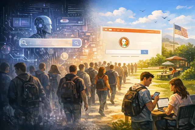 Illustration of DuckDuckGo's search interface growing as users depart Google's AI results