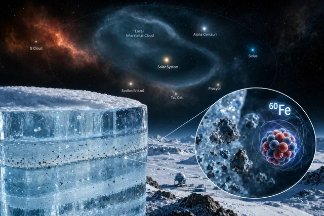 Illustration of supernova stardust particles falling onto Antarctic ice representing iron‑60 debris reaching Earth