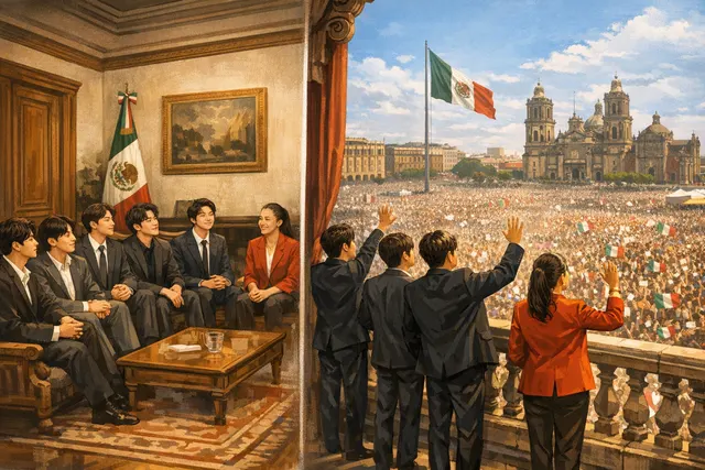 BTS standing alongside Mexican President Claudia Sheinbaum on the National Palace balcony, overlooking a massive purple crowd of 50,000 ARMY in the Zócalo.