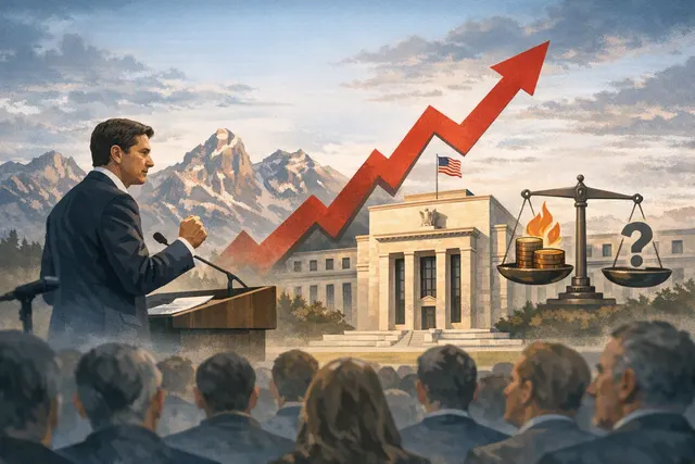 Editorial illustration of Federal Reserve policy, rising Treasury yields and pressure on emerging-market currencies after Kevin Warsh’s Jackson Hole speech