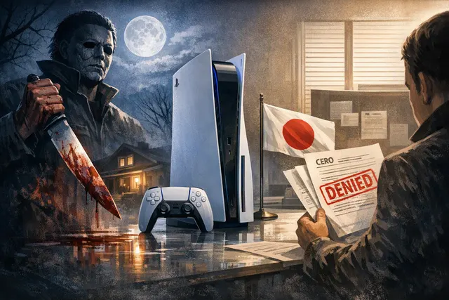 Stylized editorial illustration of Halloween: The Game facing a Japanese PS5 rating barrier