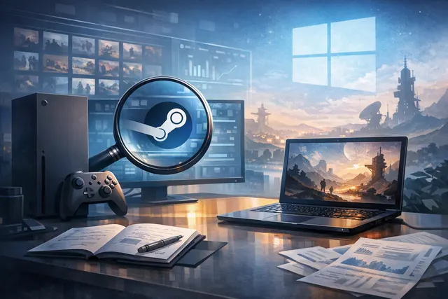Xbox controller next to Steam logo and digital game icons representing Microsoft's PC gaming strategy