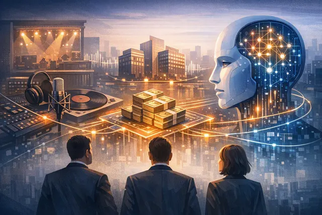 Abstract editorial illustration of music production and artificial intelligence representing Stability AI's $76 million Series B