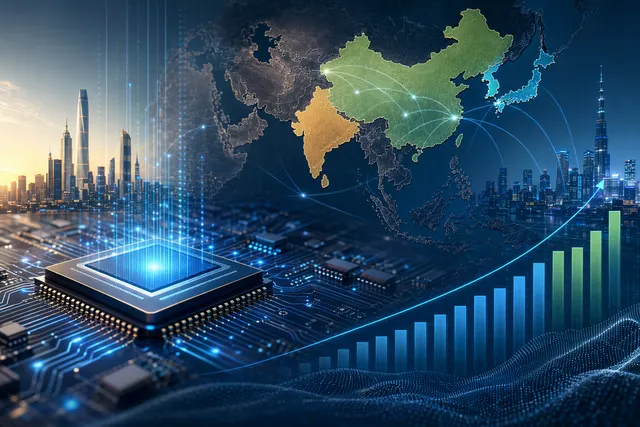 Editorial illustration of emerging-market stock charts, semiconductor chips, and AI infrastructure