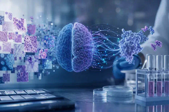 AI-generated illustration of artificial intelligence and biomedical research data for drug discovery