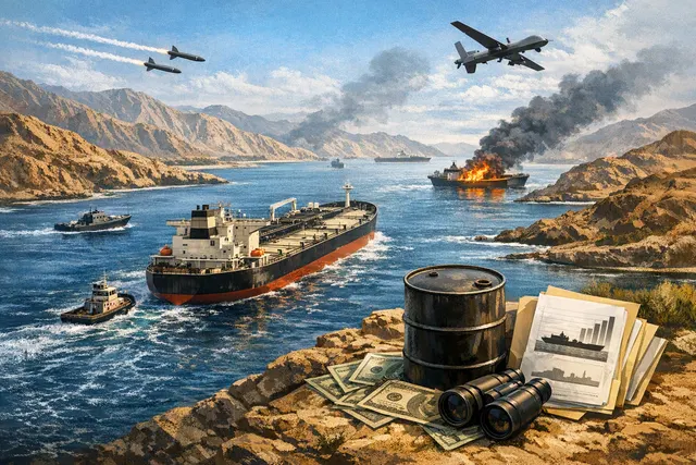 Editorial illustration of an oil tanker navigating the Strait of Hormuz beside pipeline routes bypassing the waterway