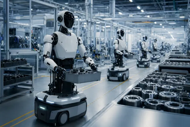 Humanoid robots working inside an industrial factory as part of a large-scale automation rollout