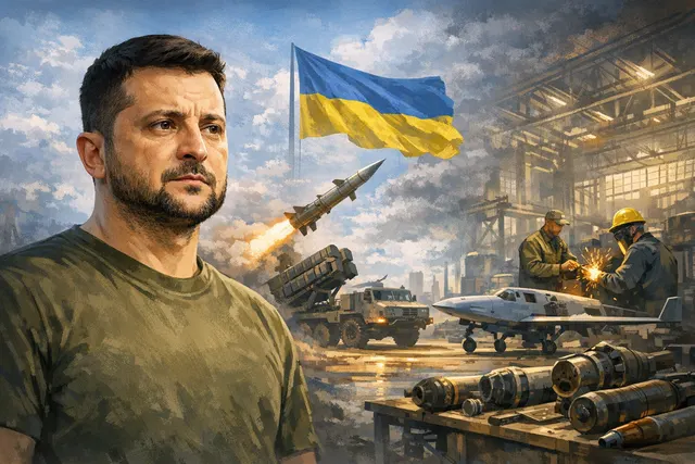 Ukrainian President Volodymyr Zelensky addressing the nation with a backdrop showing missile schematics and a map highlighting long-range strikes on St. Petersburg.